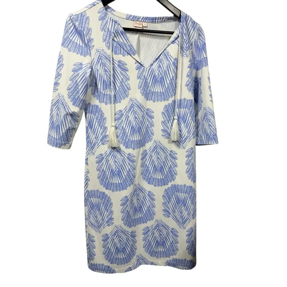 Persifor Winthrop Tunic Dress S Blue White Shell Fan Print Tassel Stretch USA